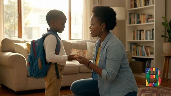 human mom giving money to human son