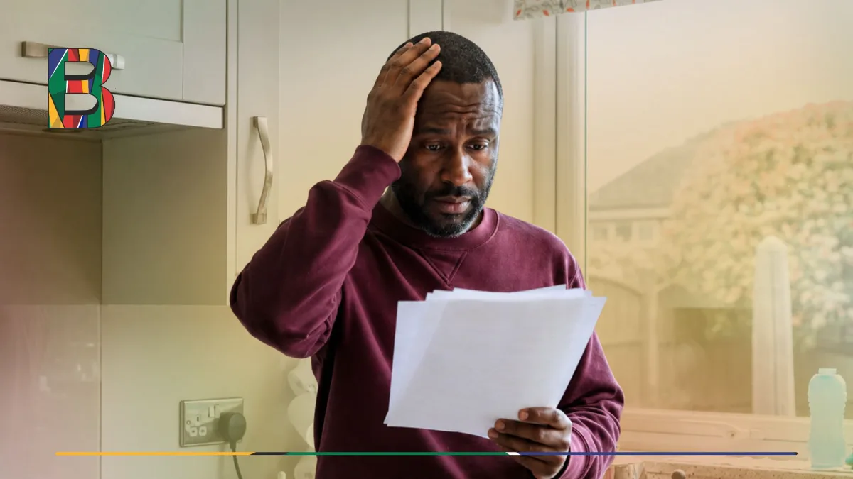 A worried man reviewing financial documents at home.