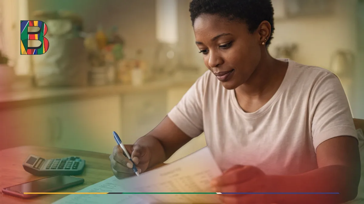 Woman reviewing her finances with a calculator at home.